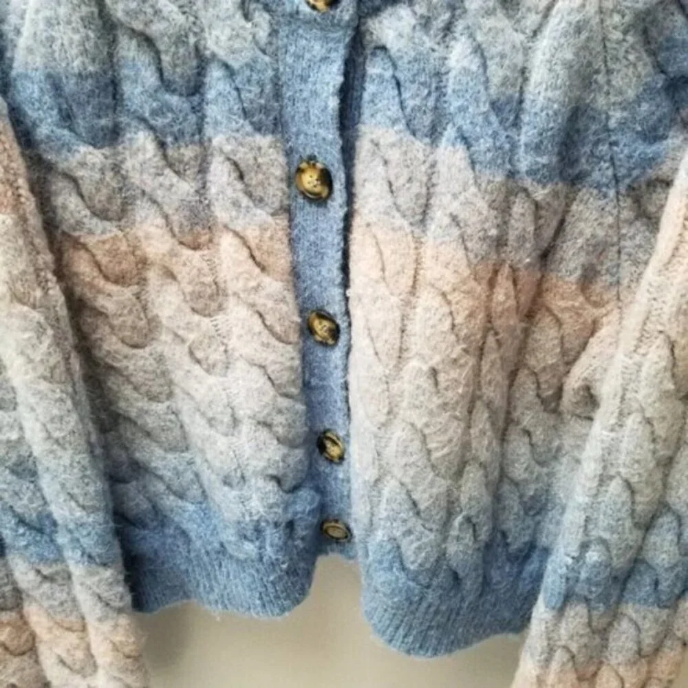Zara Blue Pink Wool Blend Cable-Knit Button Up Sweater Cardigan L - Picture 12 of 14